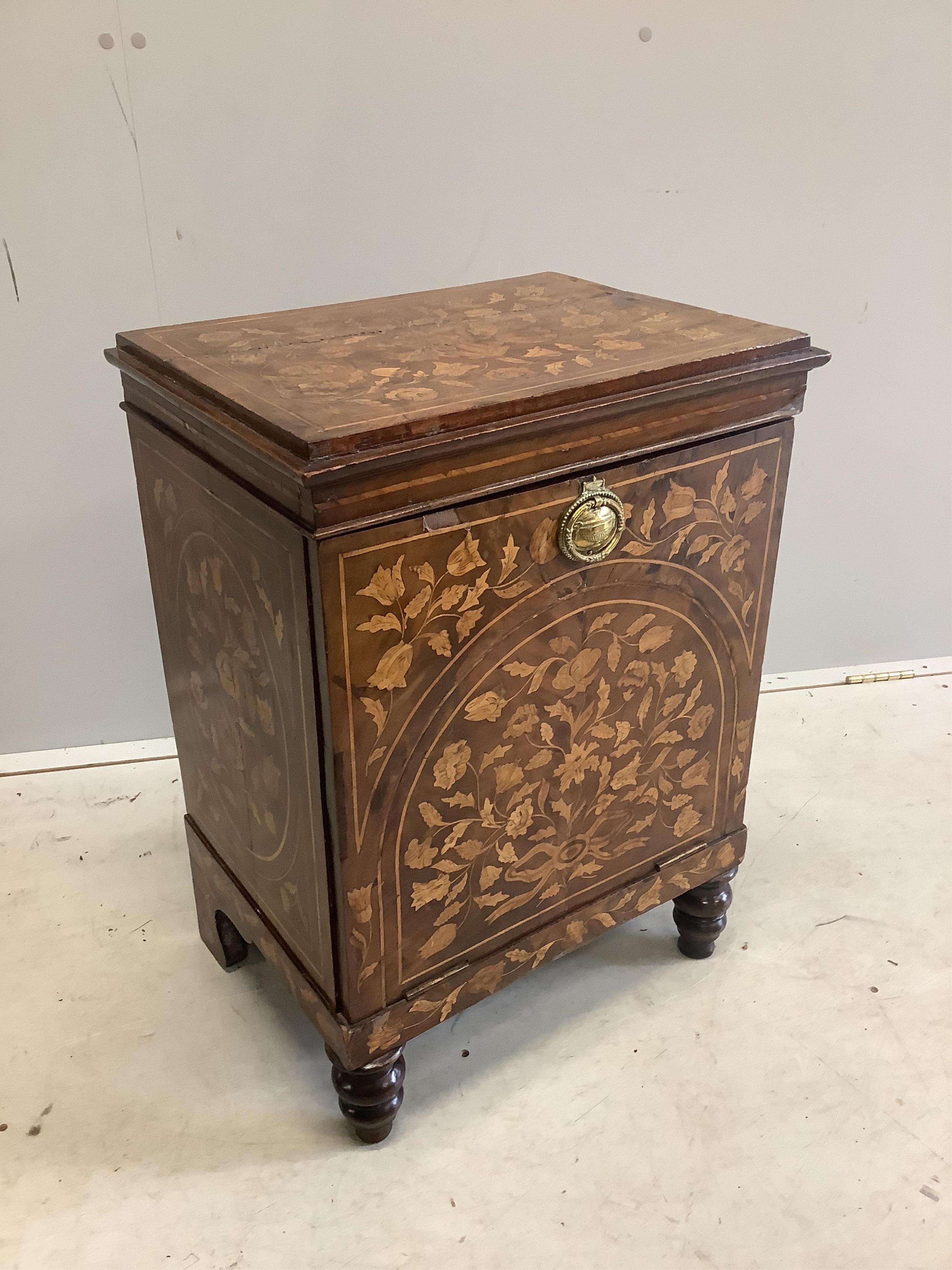 A 19th century Dutch floral marquetry inlaid walnut coal purdonium, width 49cm, depth 37cm, height 68cm. Condition - poor to fair